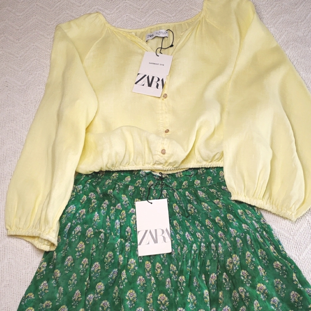 New Zara Girls 10-12 Yellow Linen Blouse Top, Green Skort Mini Skirt Summer Set